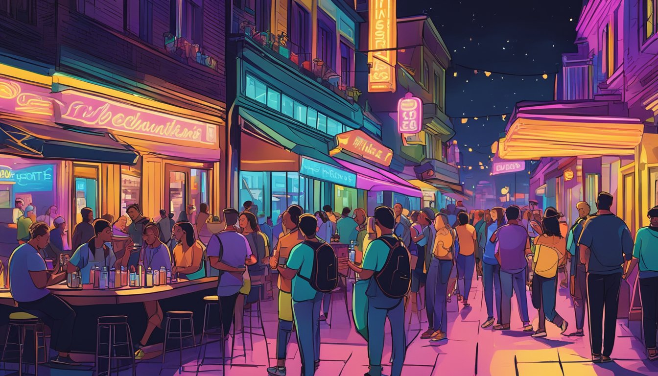 A bustling street lined with neon-lit bars and restaurants, with people enjoying drinks and live music