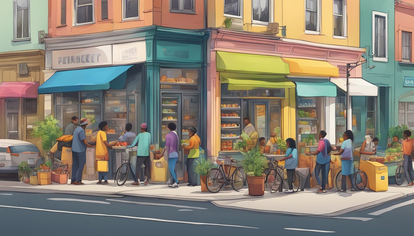 A bustling street corner with a colorful community fridge surrounded by diverse individuals exchanging food and goods