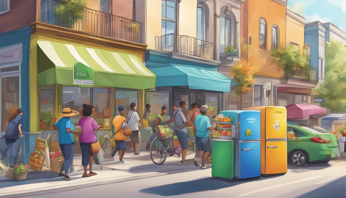 A busy street corner with a colorful community fridge surrounded by people dropping off and picking up food items