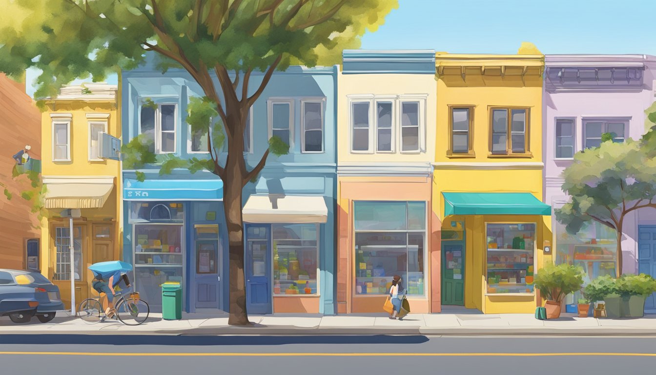 A sunny street in San Mateo, with colorful community fridges lined up against a wall, surrounded by diverse buildings and trees