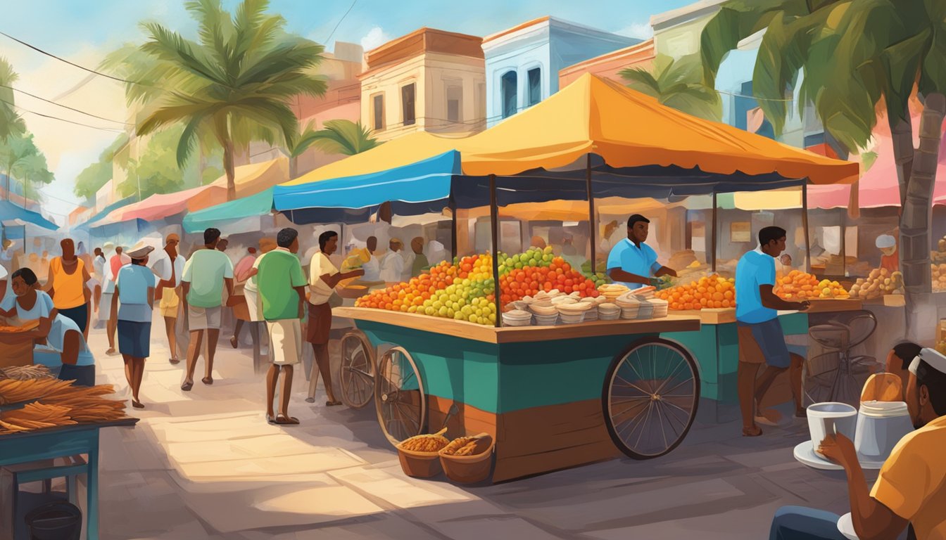 A vibrant street market filled with colorful fruits, fresh seafood, and diverse spices. The aroma of Cuban coffee and sizzling empanadas fills the air