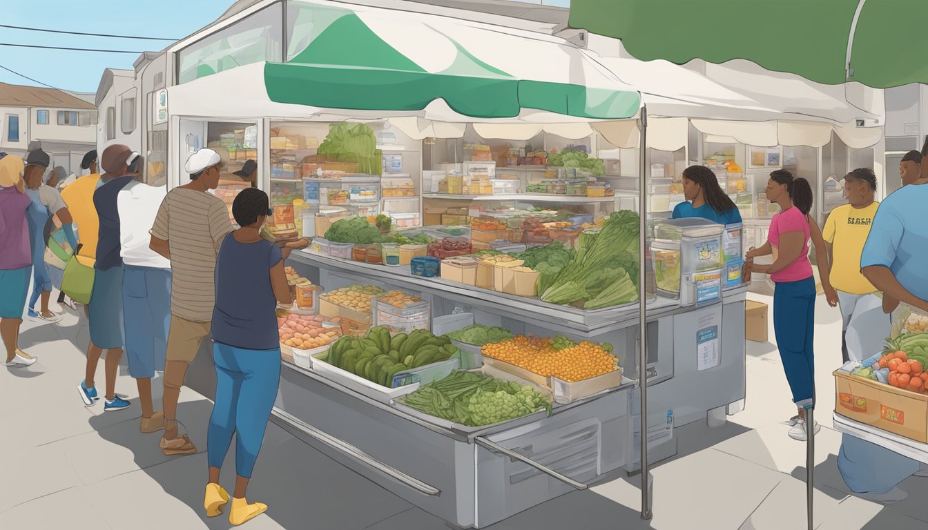 A bustling local community fridge in Santa Maria, CA, with diverse food donations and volunteers organizing supplies