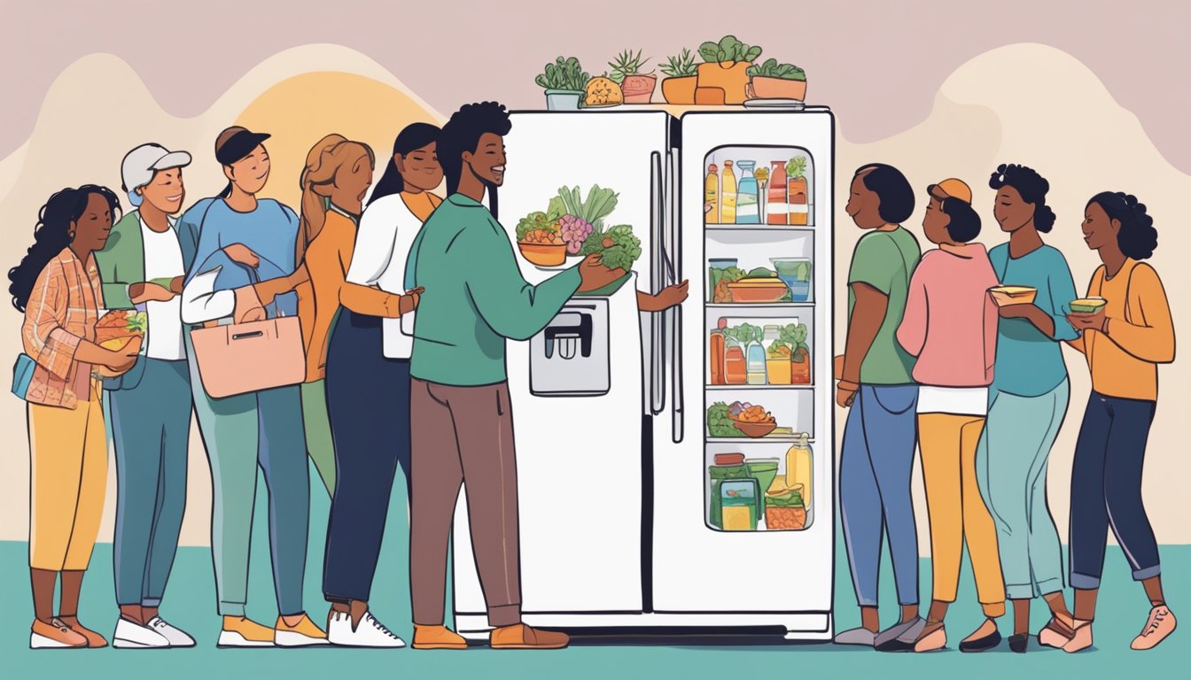 A diverse group of people from the San Mateo community gather around a brightly decorated fridge, exchanging food and leaving notes of gratitude