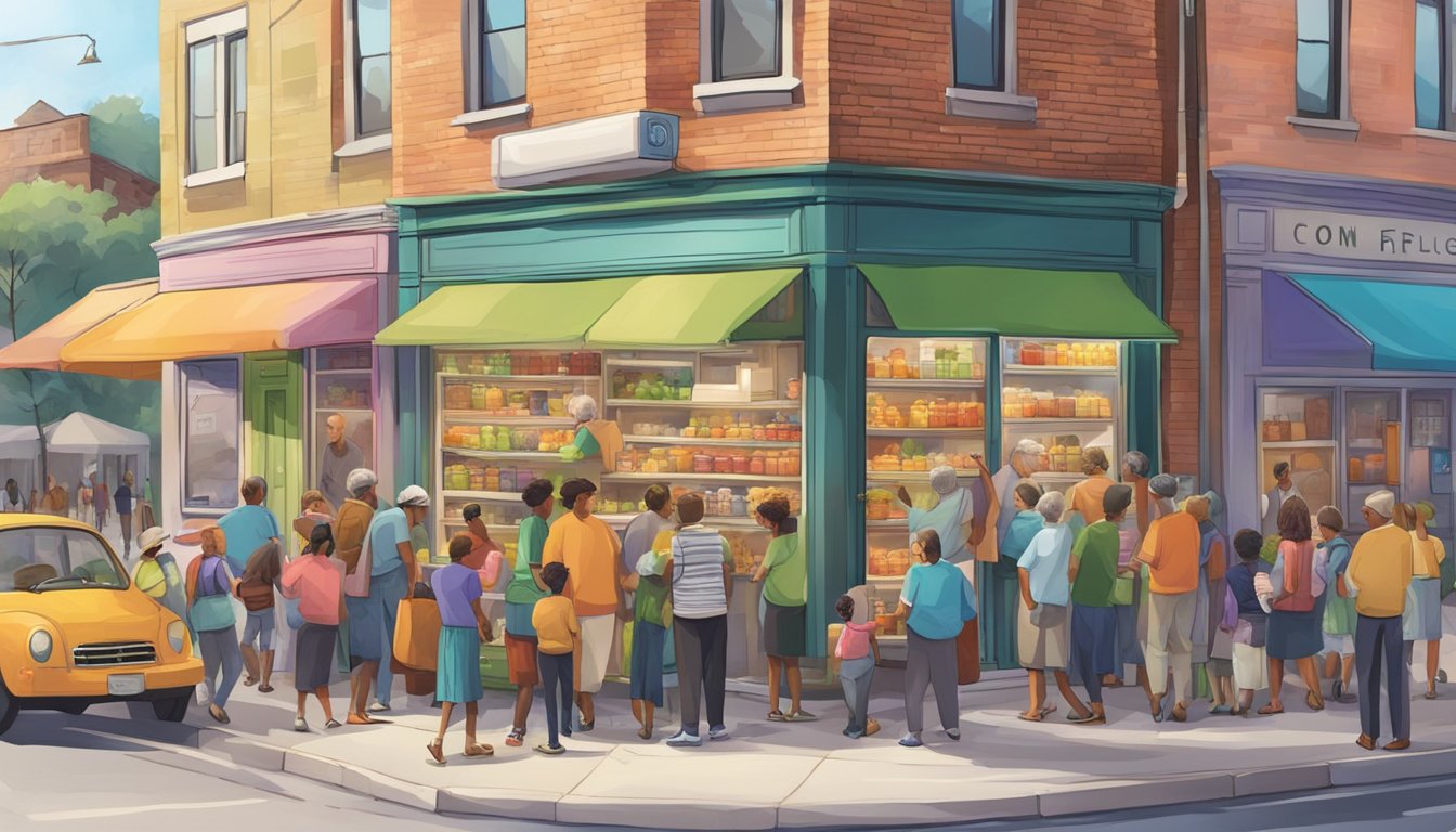 A bustling street corner with a colorful community fridge surrounded by people of all ages and backgrounds, exchanging food and information