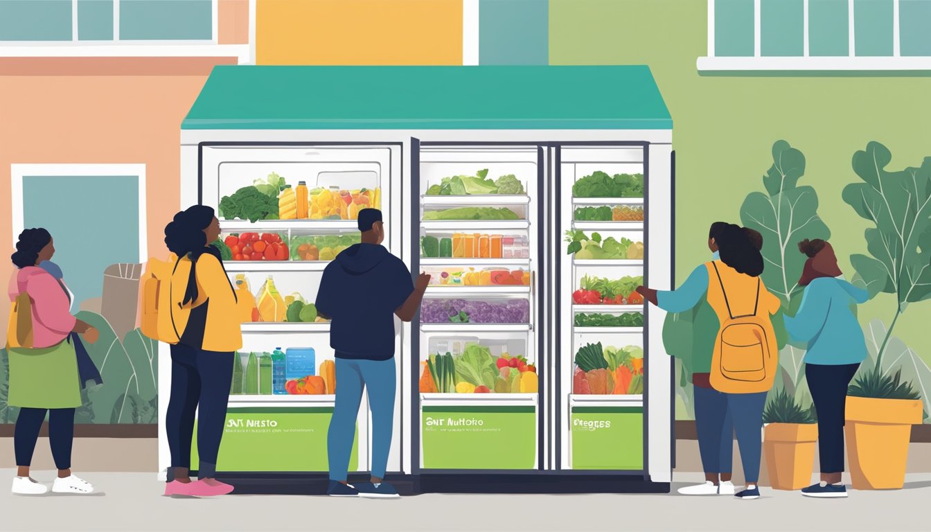 A community fridge filled with fresh produce, canned goods, and other food items, with people from the local San Mateo, CA community coming together to contribute to the solution