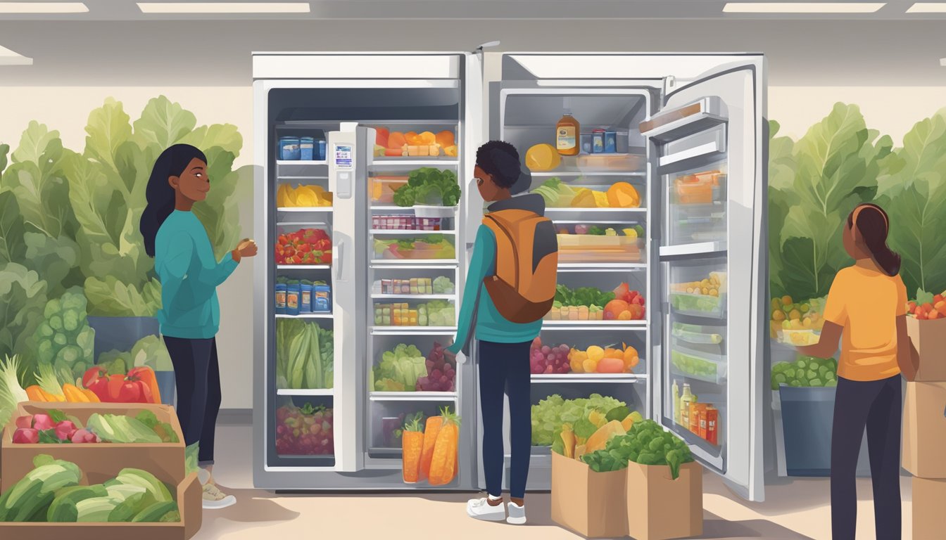 A community fridge in San Mateo, CA filled with fresh produce, canned goods, and packaged foods. A diverse group of people approach the fridge to donate and take what they need