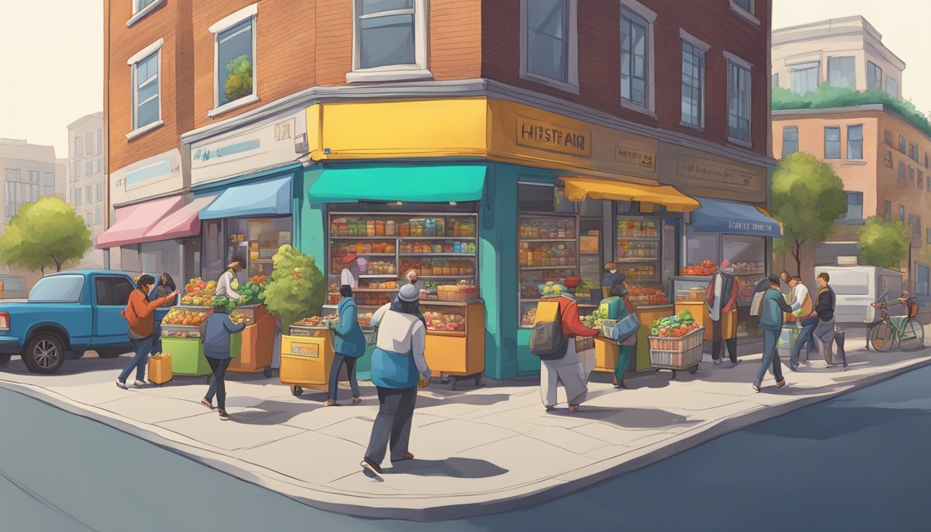 A bustling street corner with a colorful, decorated fridge surrounded by people dropping off and picking up food items