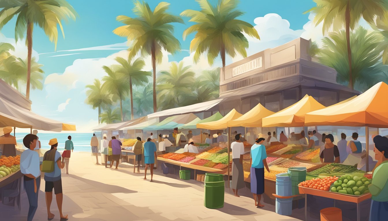 A bustling outdoor food market with colorful stalls and diverse cuisines, surrounded by palm trees and beachfront views