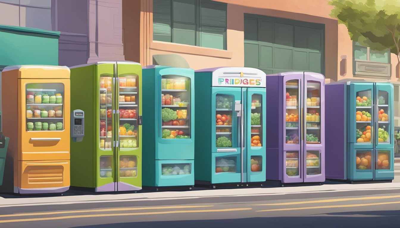 A row of colorful community fridges in Pasadena, CA, filled with fresh produce and packaged goods