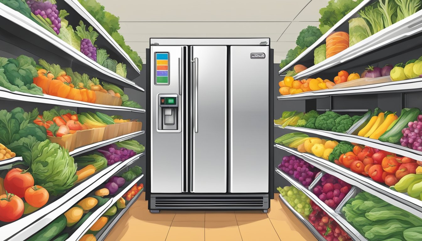 A colorful community fridge in San Mateo, CA with a variety of fresh produce and accessible technology for all