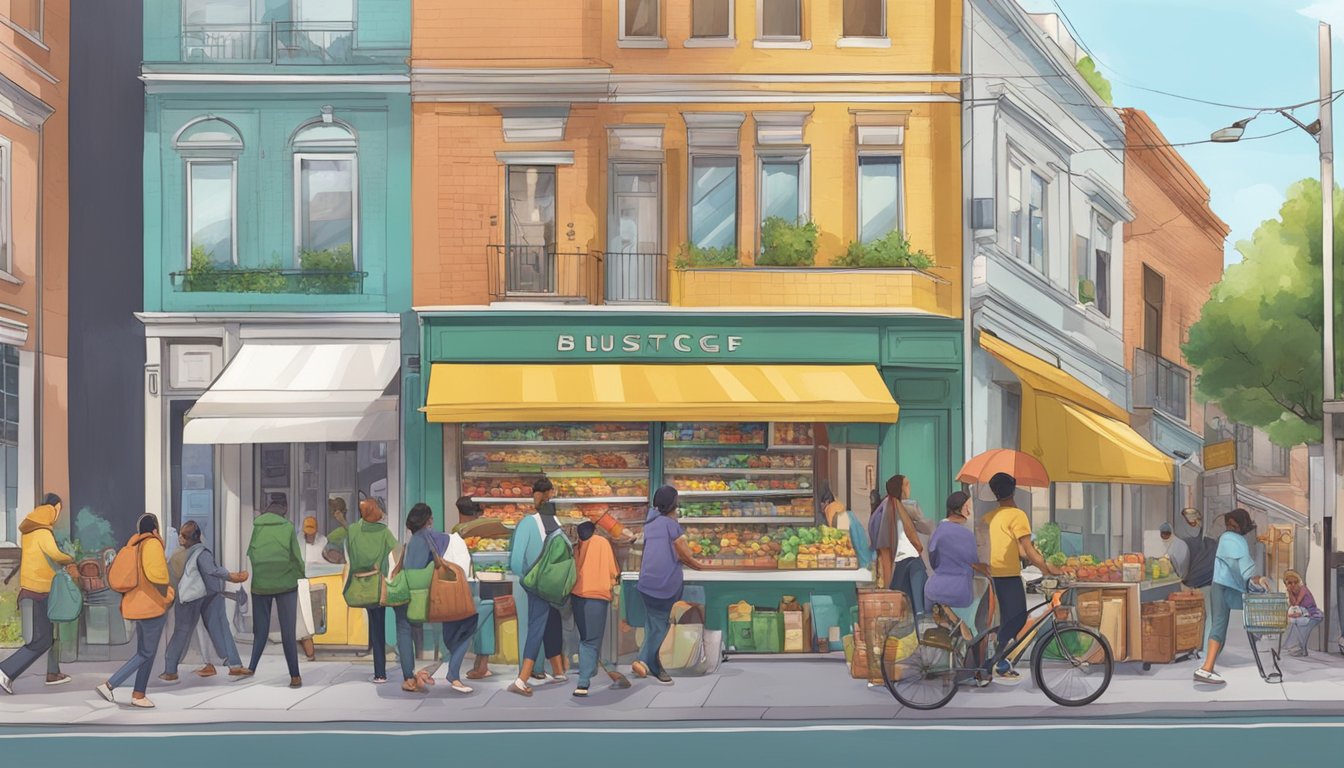 A bustling street with a colorful community fridge, surrounded by people dropping off and picking up food items