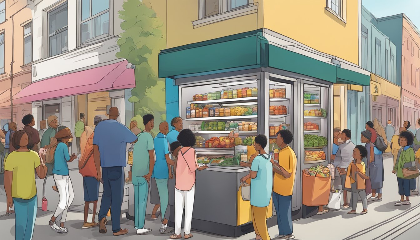 A bustling street corner with a colorful, well-stocked community fridge surrounded by diverse individuals eagerly donating and taking food items