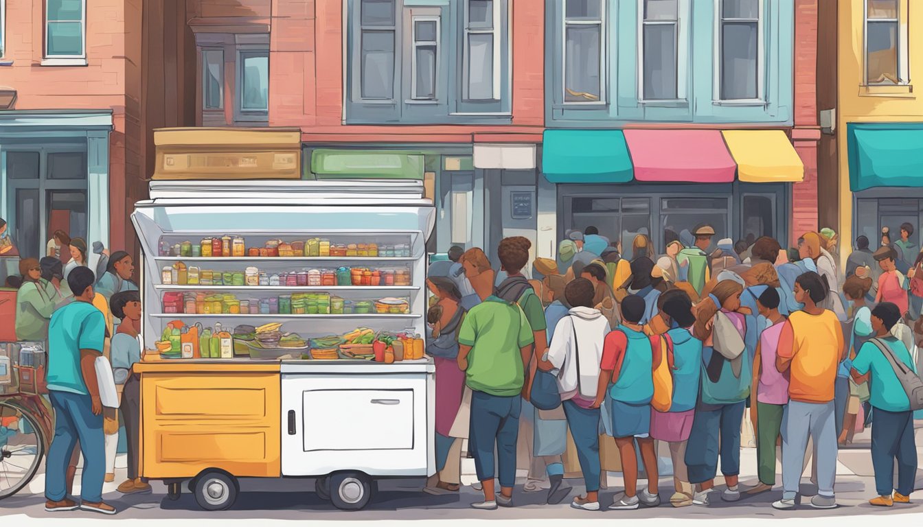 A bustling street corner with a brightly painted fridge surrounded by people donating and taking food