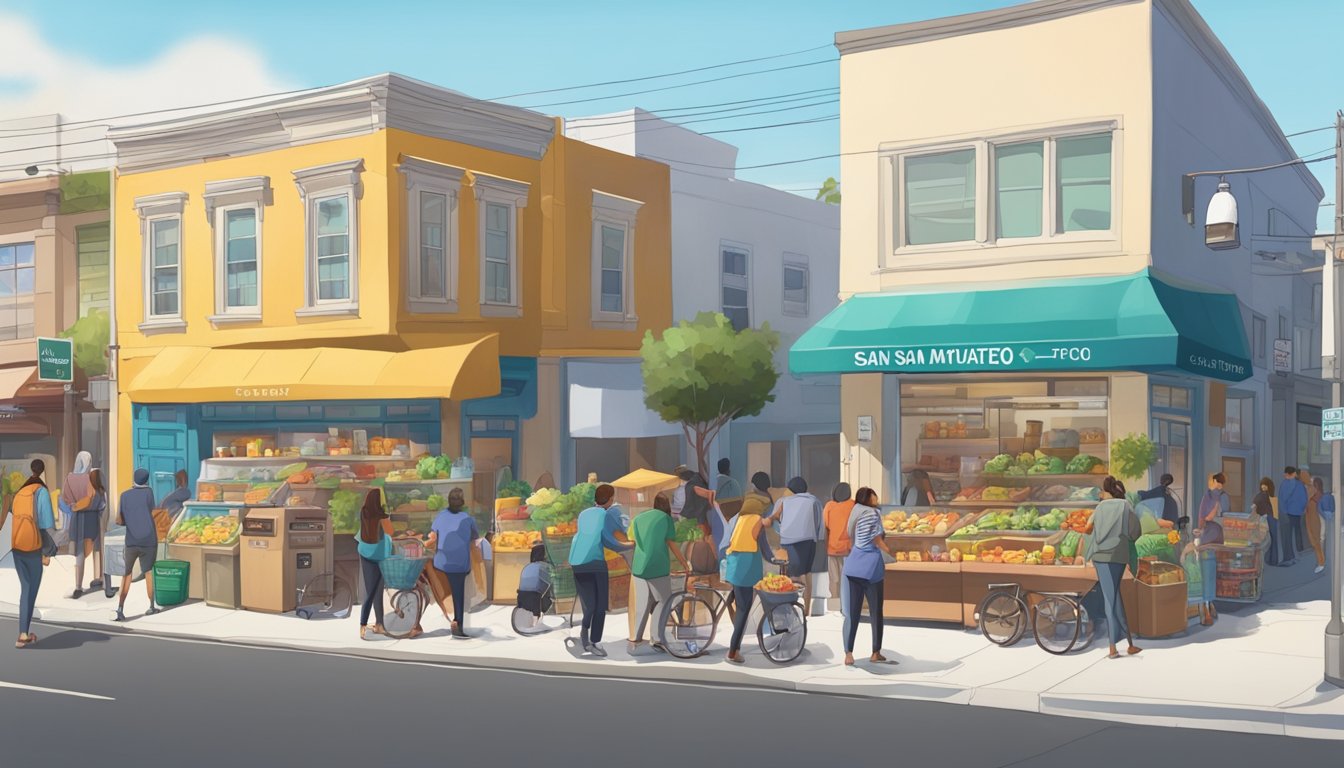 A bustling street corner in San Mateo, California, with a colorful community fridge surrounded by people dropping off and collecting food items