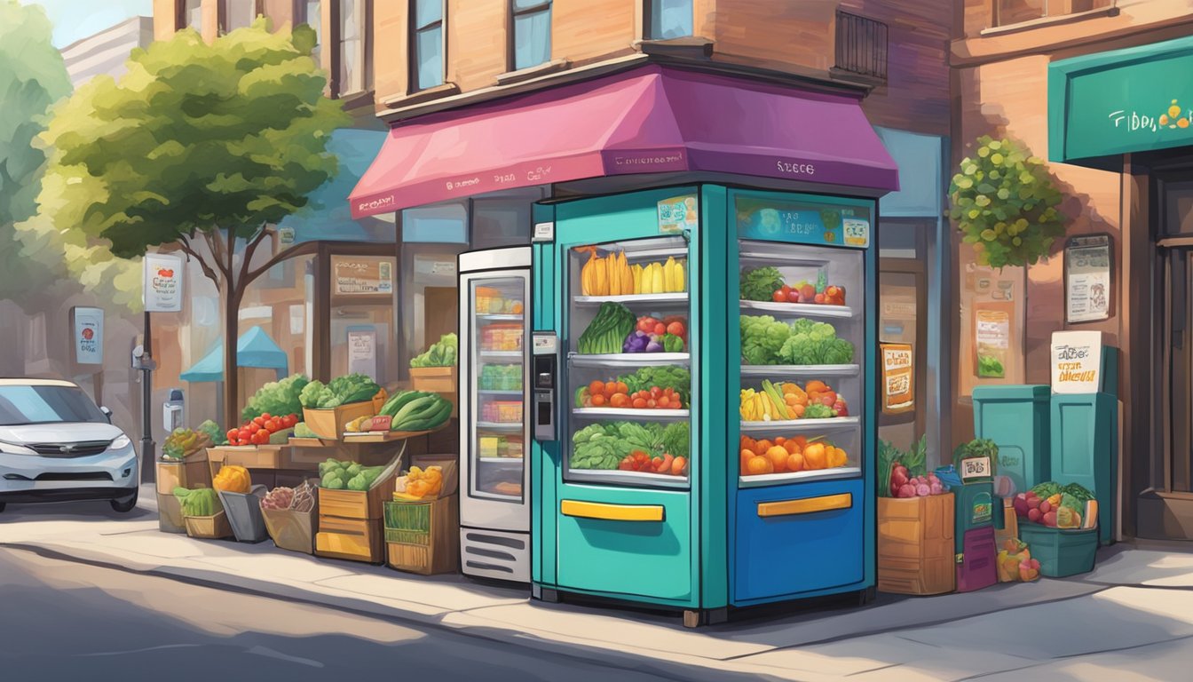 A brightly colored community fridge stands on a bustling street corner, adorned with hand-painted signs and filled with fresh produce and essentials