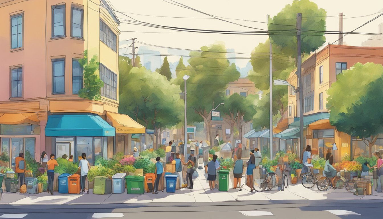 A bustling street corner in San Mateo, CA with a colorful community fridge surrounded by people adding and taking food items. Lush greenery and recycling bins nearby