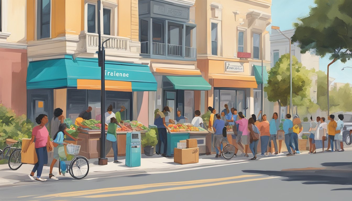 A bustling street corner in Pasadena, with a colorful community fridge surrounded by people donating and taking food