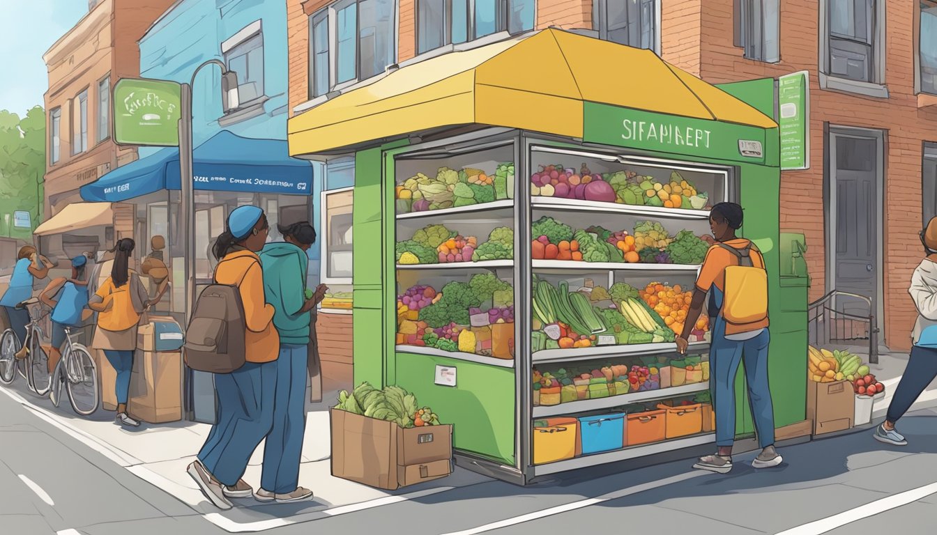 A brightly colored community fridge sits on a bustling street corner, filled with fresh produce and packaged goods. People come and go, contributing to and taking from the communal resource