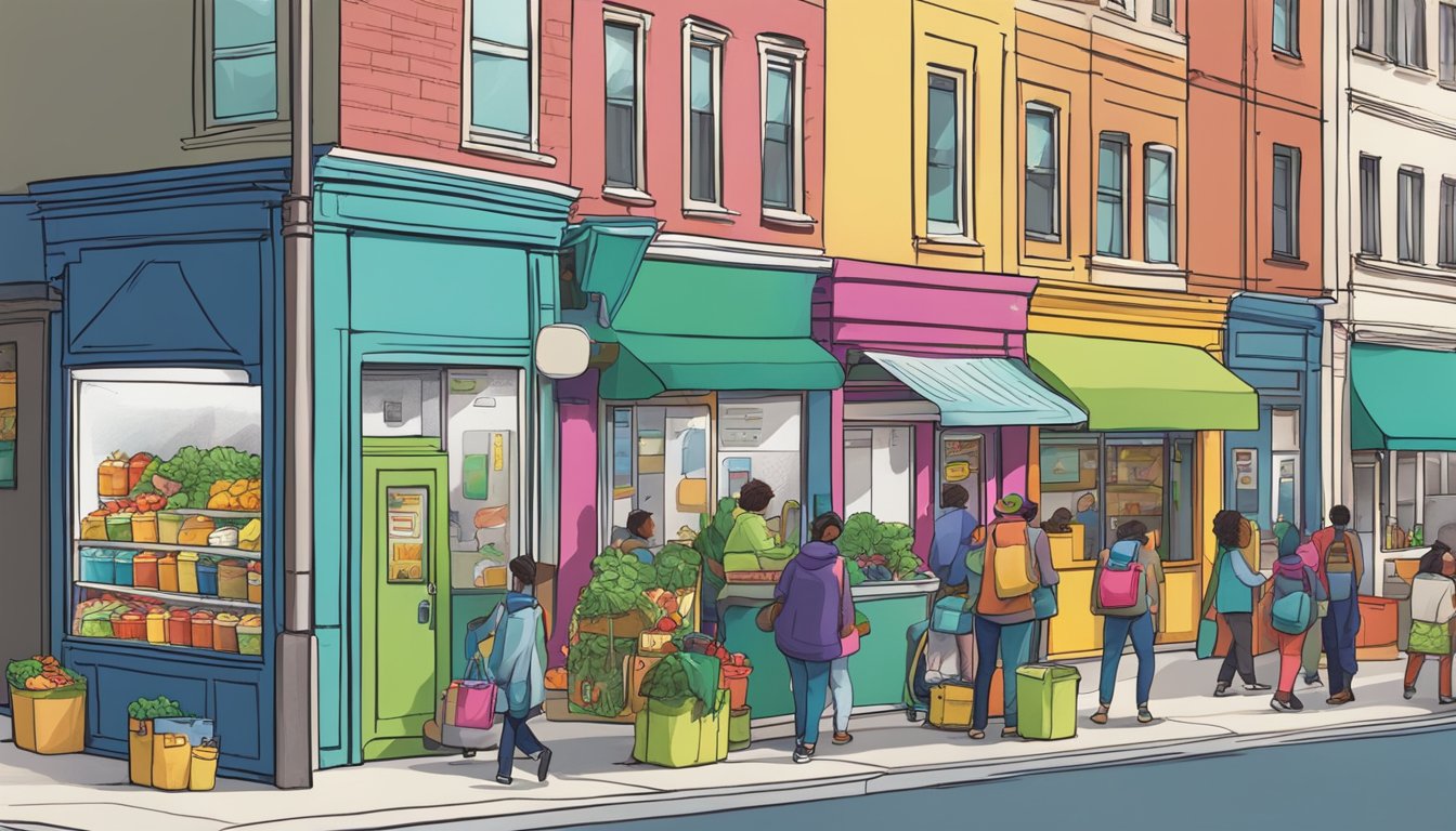 A bustling street corner with a brightly colored community fridge surrounded by people dropping off and picking up food items