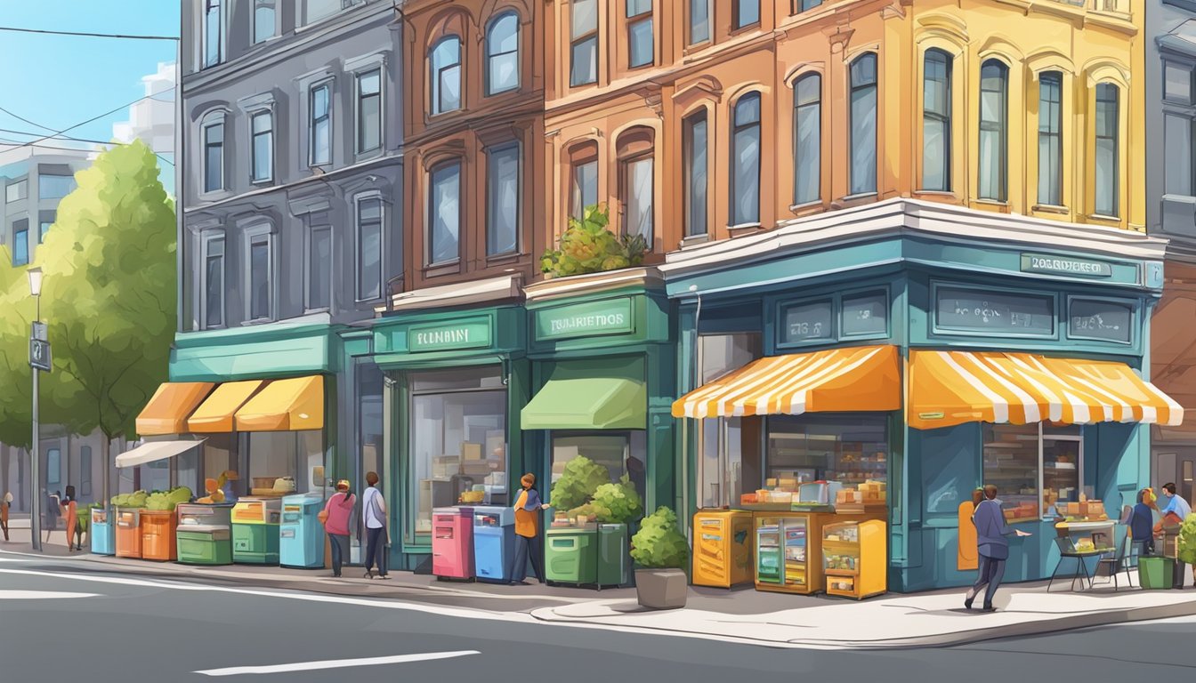 A colorful community fridge stands on a sunny street corner, surrounded by diverse buildings and bustling activity