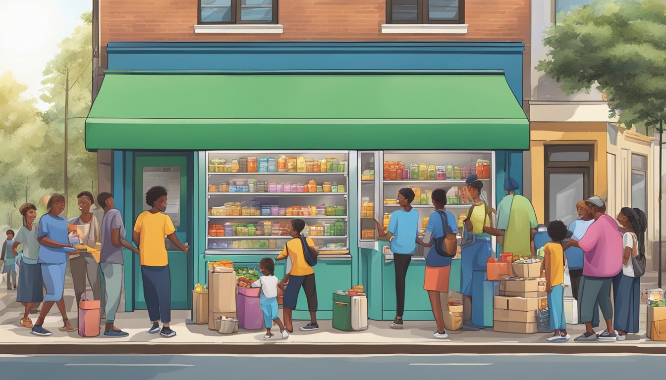 A bustling street corner with a colorful, well-stocked community fridge surrounded by diverse people making donations and taking items