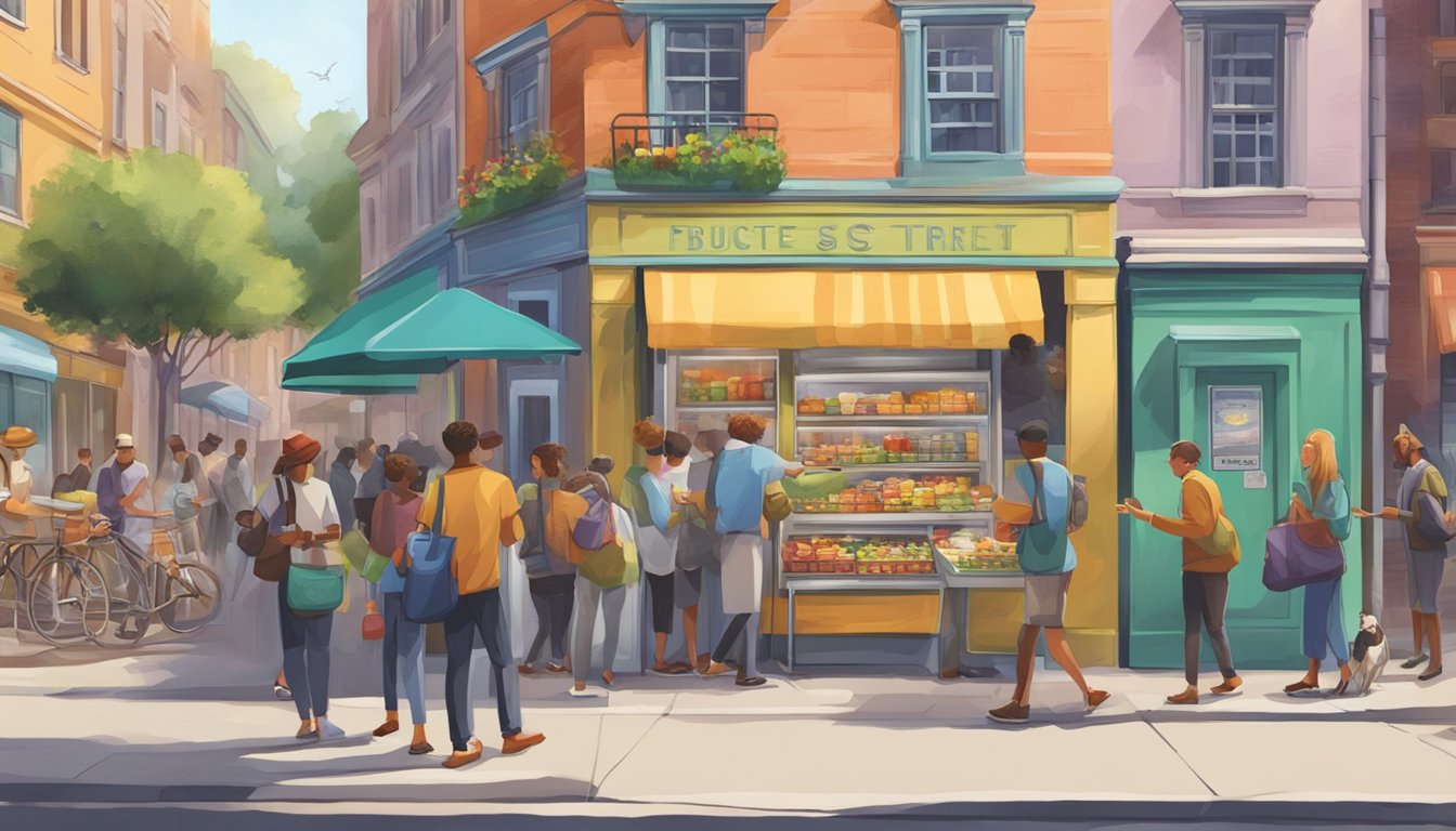 A bustling street corner with a colorful community fridge surrounded by people exchanging food items