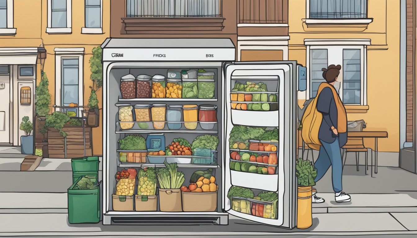 A community fridge stands against a wall in a bustling neighborhood, filled with fresh produce and non-perishable items. People come and go, contributing and taking what they need