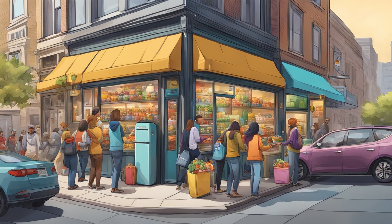 A bustling street corner with a colorful, decorated fridge surrounded by people adding food and taking items out