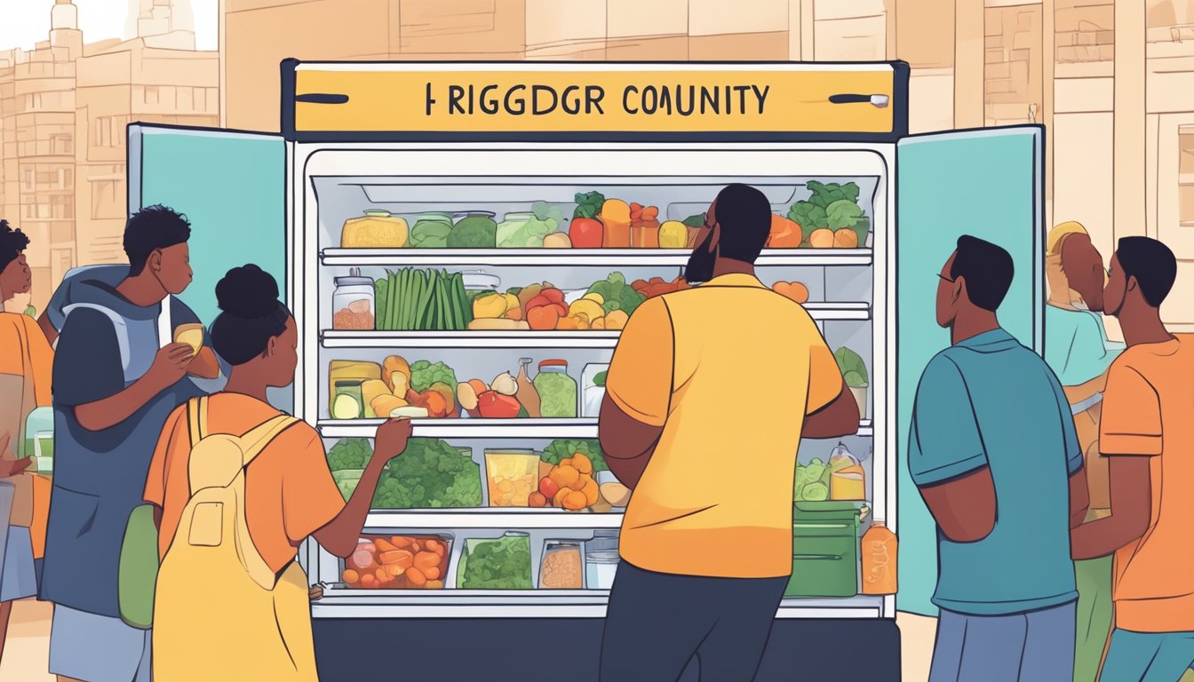 A brightly colored local community fridge surrounded by diverse individuals adding and taking food items