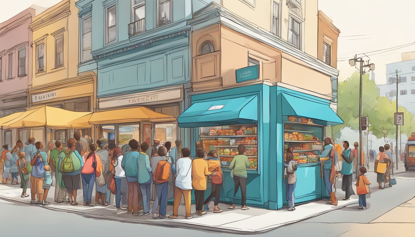 A bustling street corner with a brightly painted community fridge surrounded by people donating and taking food