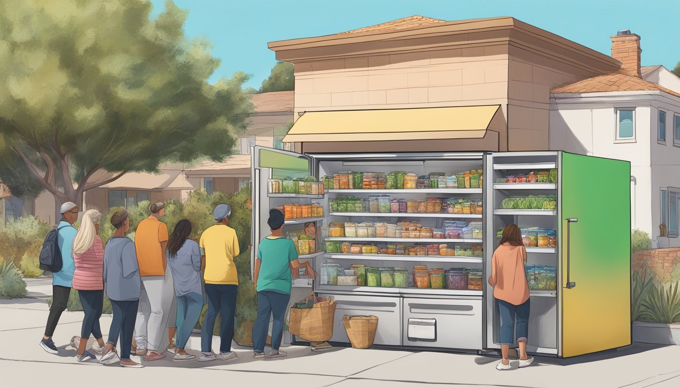 A community fridge in Santa Clarita, CA filled with donated food and surrounded by local residents accessing and contributing to it