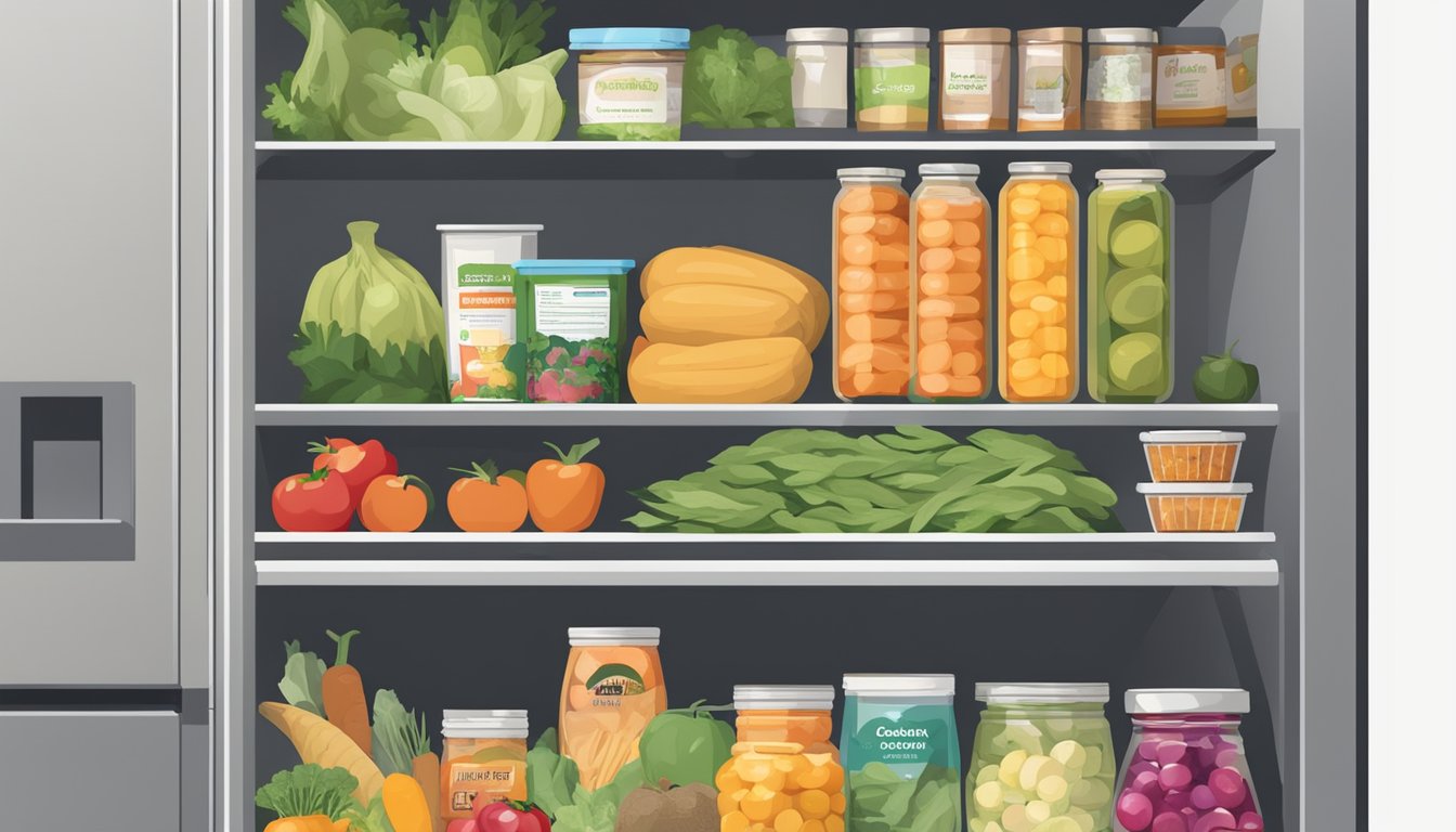 A diverse array of fresh produce, canned goods, and packaged foods neatly organized inside a community fridge, with a sign detailing contribution guidelines