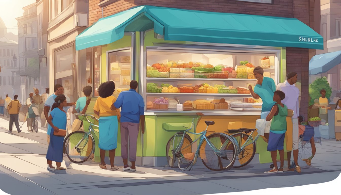 A bustling street corner with a colorful, well-stocked community fridge surrounded by people exchanging food and sharing smiles