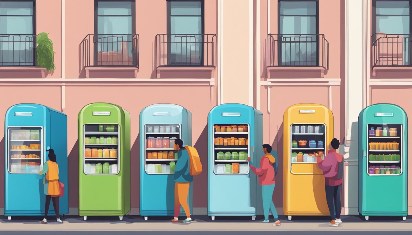 A row of colorful community fridges lined up against a wall, with people dropping off and picking up food items