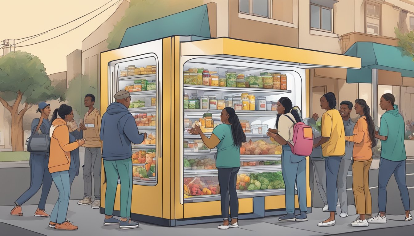 A bustling local community fridge surrounded by diverse individuals in Santa Clarita, CA, exchanging and donating food items