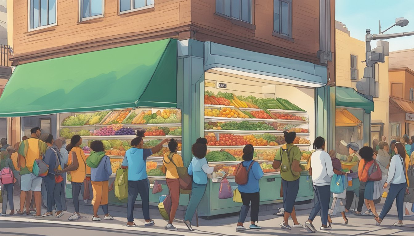 A bustling community fridge in Rialto, CA, filled with colorful produce and packaged goods, surrounded by people coming and going