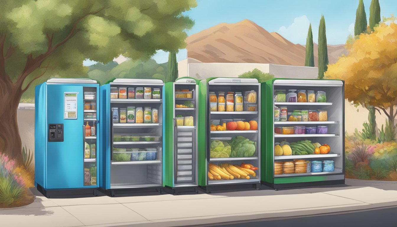 A colorful community fridge surrounded by diverse local resources in Santa Clarita, CA