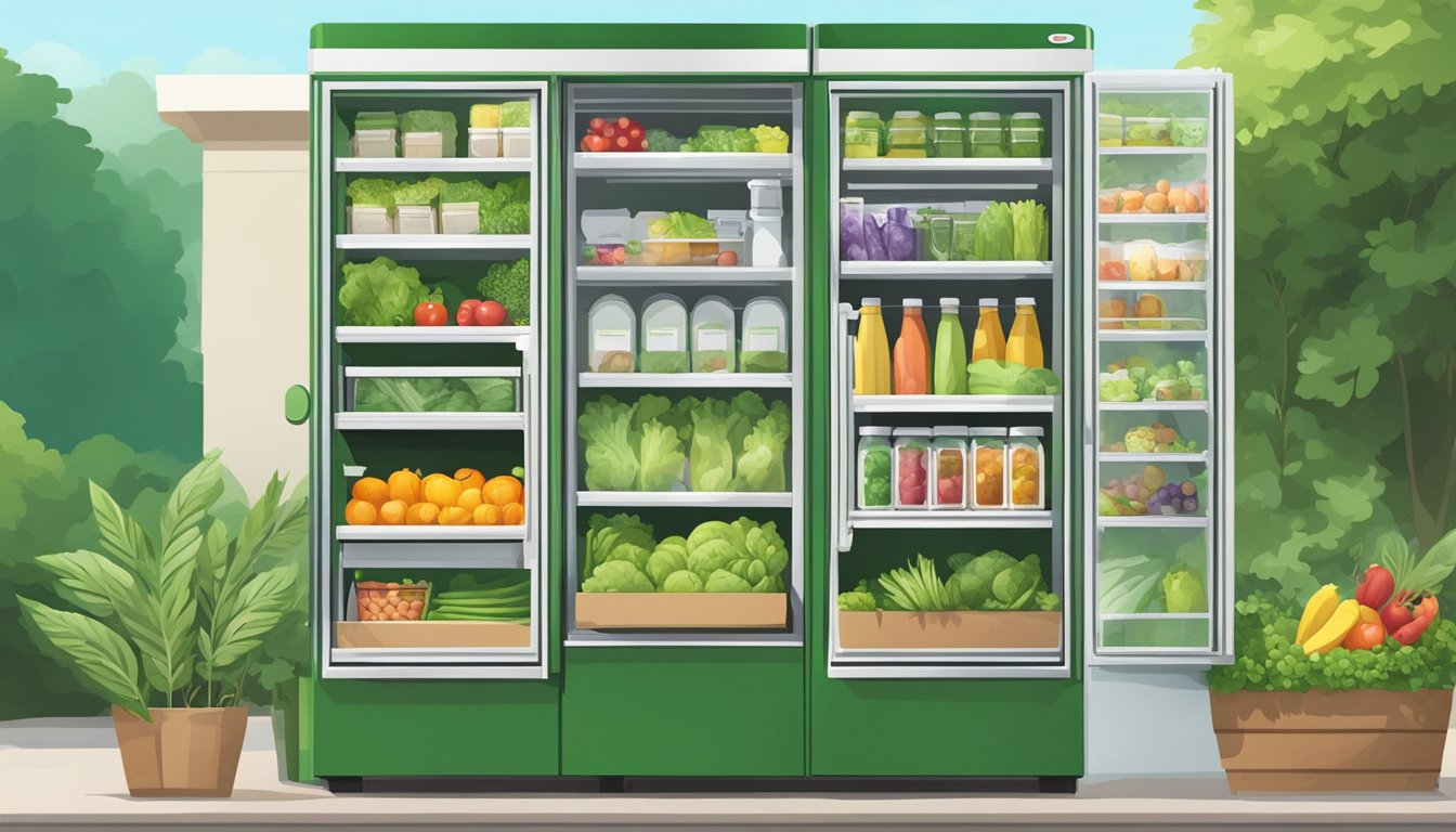 A community fridge surrounded by lush greenery and filled with fresh produce and food items