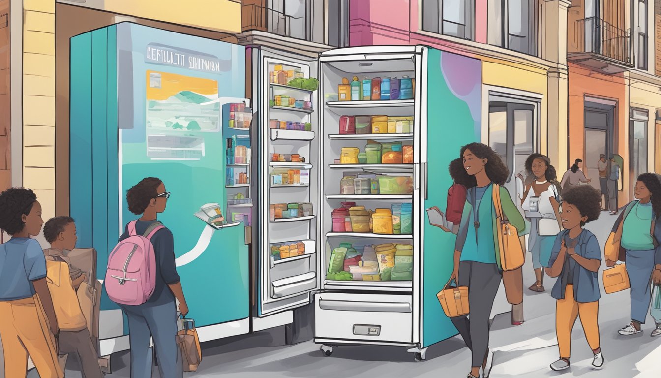 A colorful community fridge surrounded by diverse buildings and people, with educational outreach and advocacy materials displayed nearby