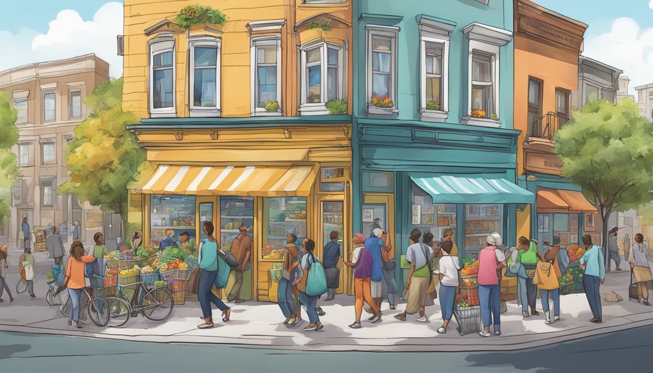 A bustling street corner with a colorful community fridge adorned with local artwork and surrounded by people dropping off and picking up food items