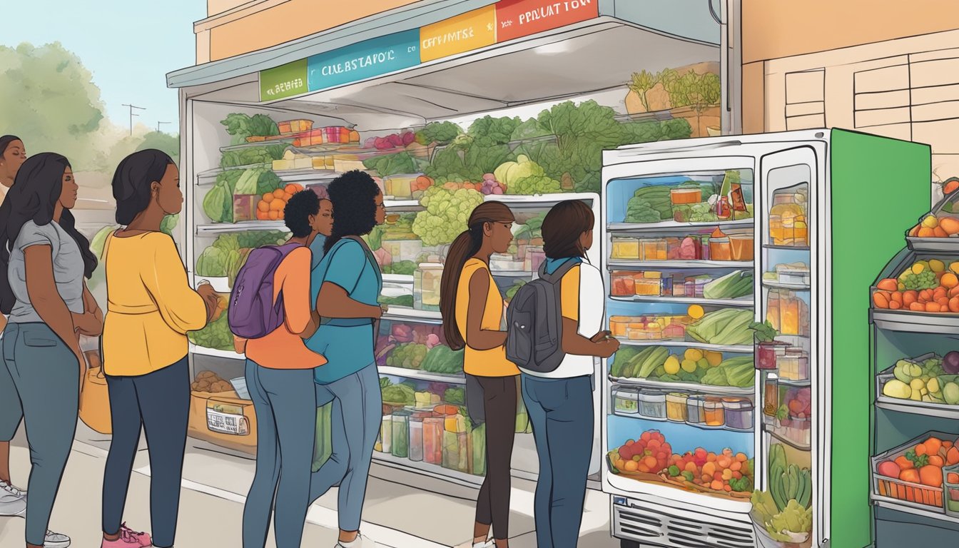 A colorful community fridge in Rialto, CA, filled with fresh produce and food items, surrounded by a diverse group of people accessing and contributing to it