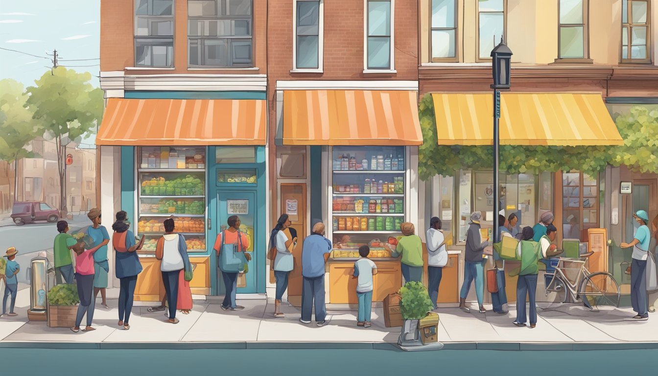 A bustling street corner with a colorful community fridge surrounded by people donating and taking food