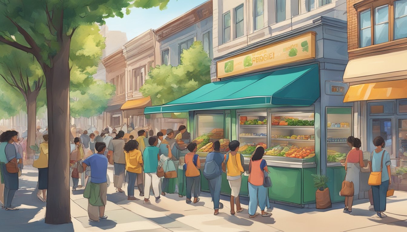 A bustling local community fridge with people taking and leaving food, surrounded by a diverse array of buildings and trees