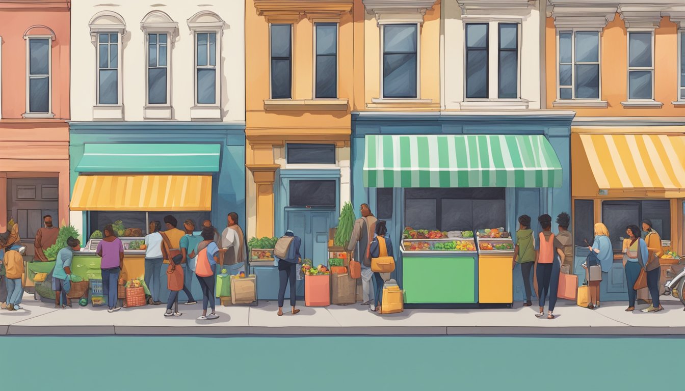 A bustling street corner with a brightly colored community fridge, surrounded by diverse individuals donating and taking food items