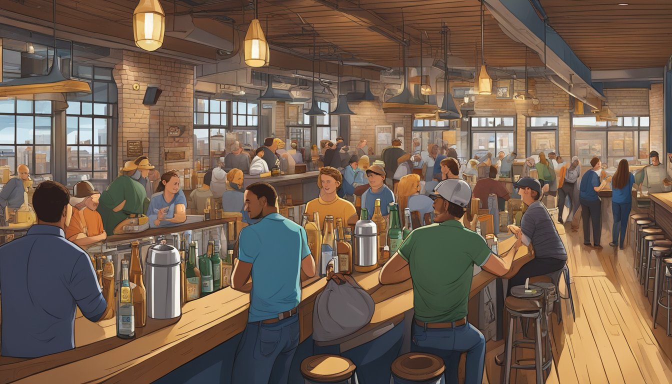 A bustling brewery scene in Minneapolis, with patrons enjoying craft beer and the city's culinary delights