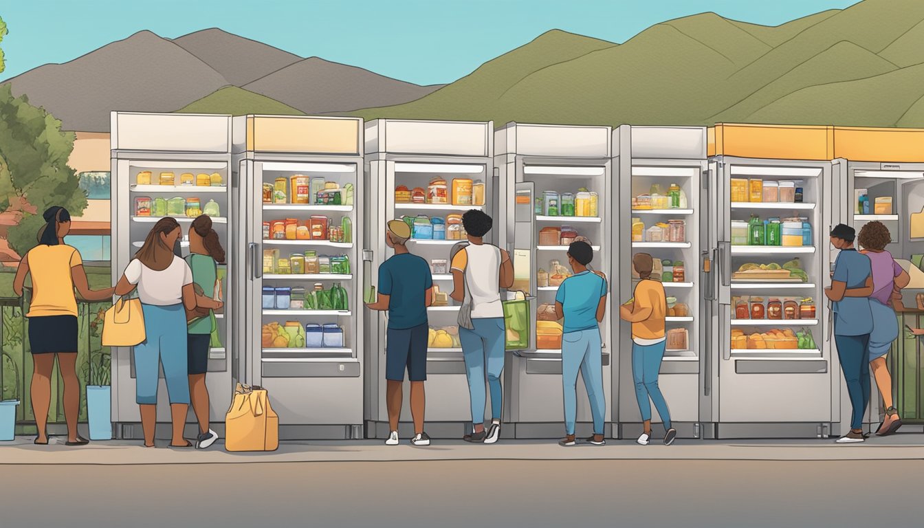 Several community fridges in Simi Valley, CA, with various food items and drinks, surrounded by a diverse group of people accessing and contributing to the fridges