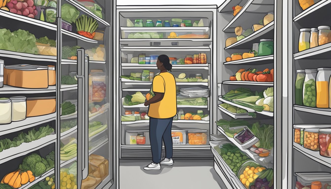 A bustling community fridge filled with fresh produce, canned goods, and other food items. People from all walks of life come to donate and take what they need, creating a sense of unity and support