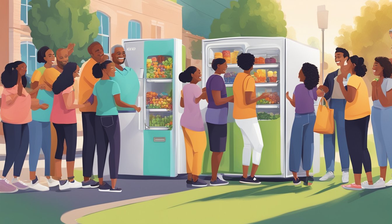 A diverse group of people from the Roseville, CA community gather around a brightly colored community fridge, exchanging food and sharing smiles