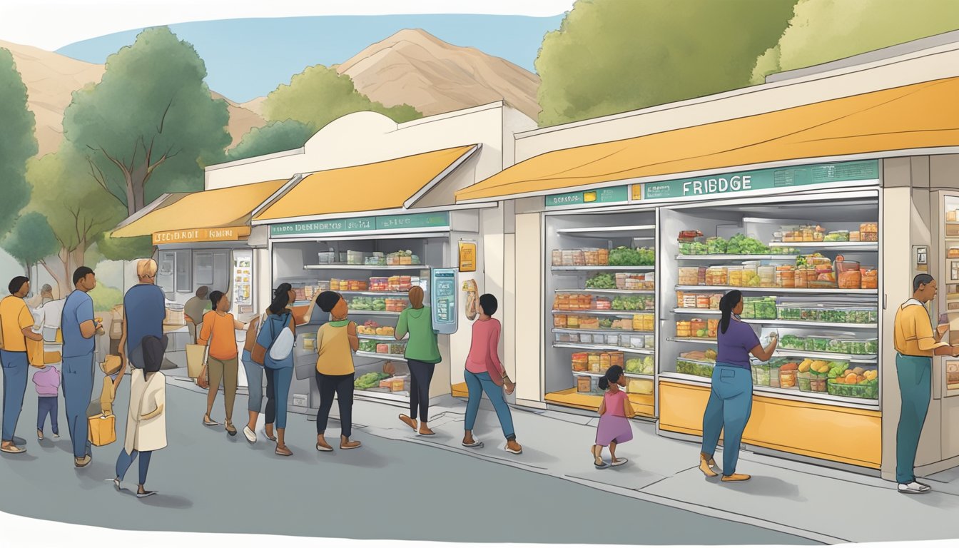 A bustling local community fridge in Simi Valley, CA, with diverse individuals contributing and accessing food items according to guidelines