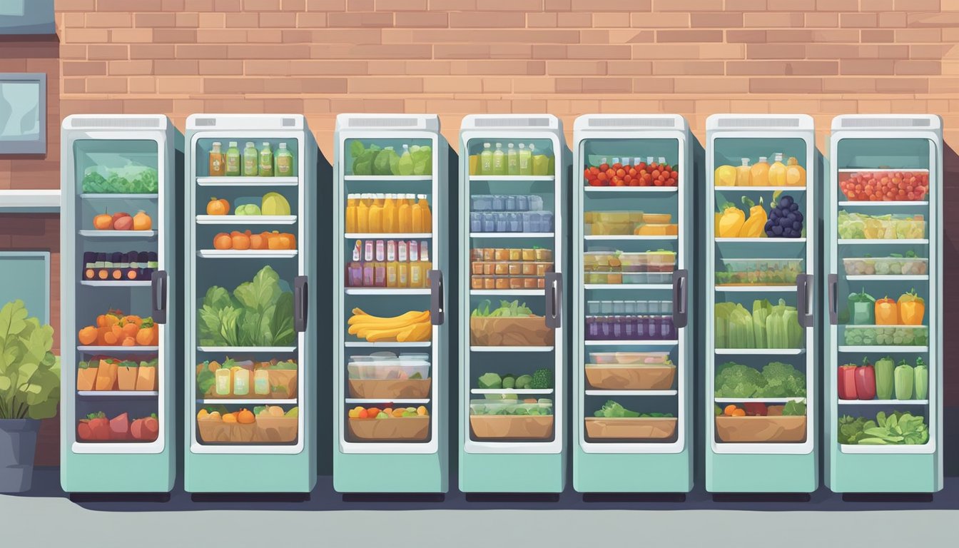 A row of colorful community fridges nestled against a wall, filled with fresh produce and pantry staples, surrounded by a diverse group of people